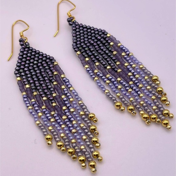 Beaded Fringe Dangle Earrings Purple Violet Lavender Gold Glass Beads Beadwork - Picture 5 of 7